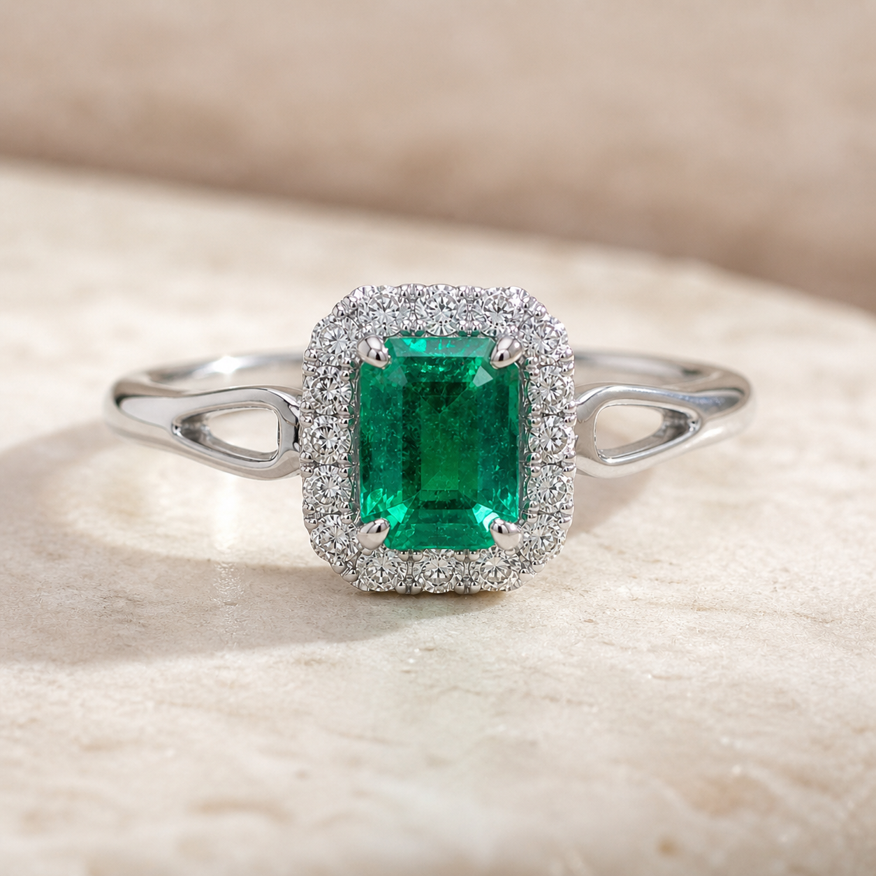 Split Shank Colombian Emerald and Diamond Ring Emerald