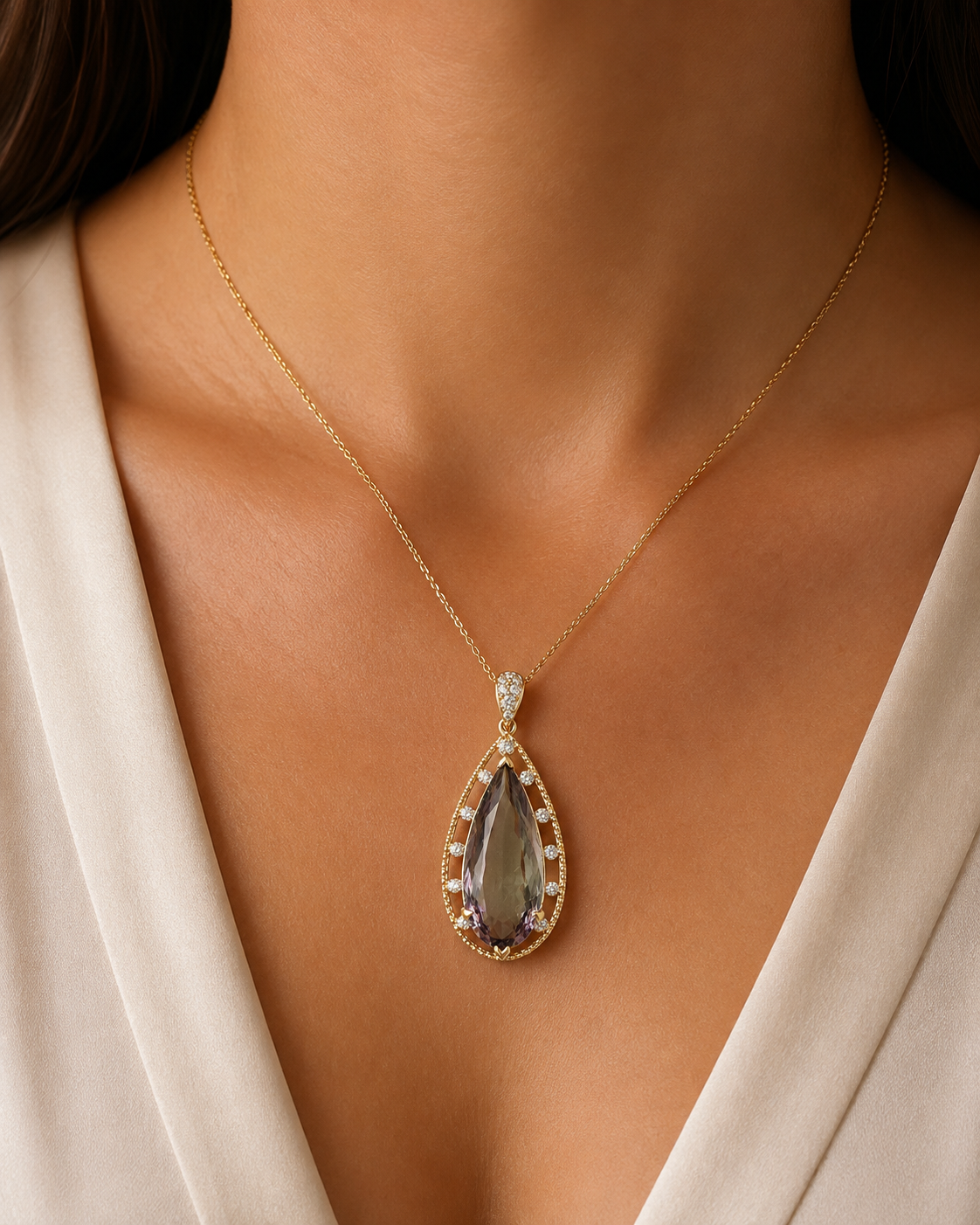 Certified Pear Csarite & Diamond Necklace Csarite