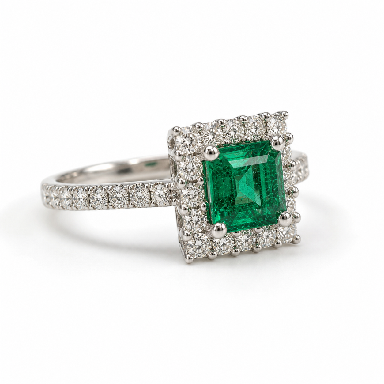 Princess Cut Colombian Emerald & Diamond Ring Emerald