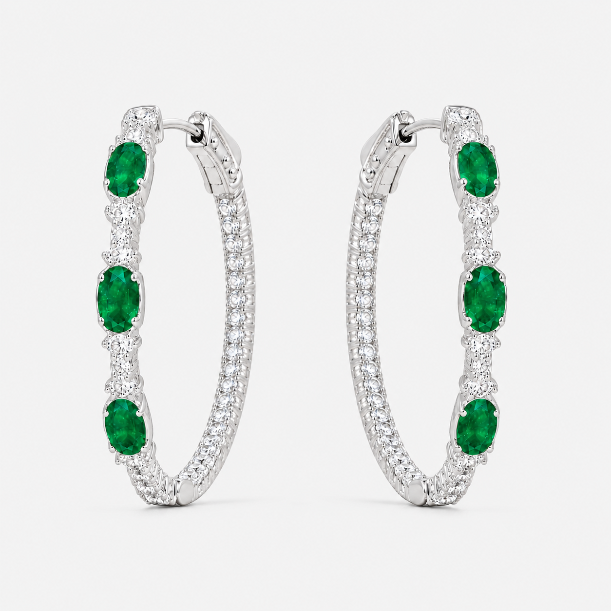 Emerald Oval Cut Diamond Hoops Emerald