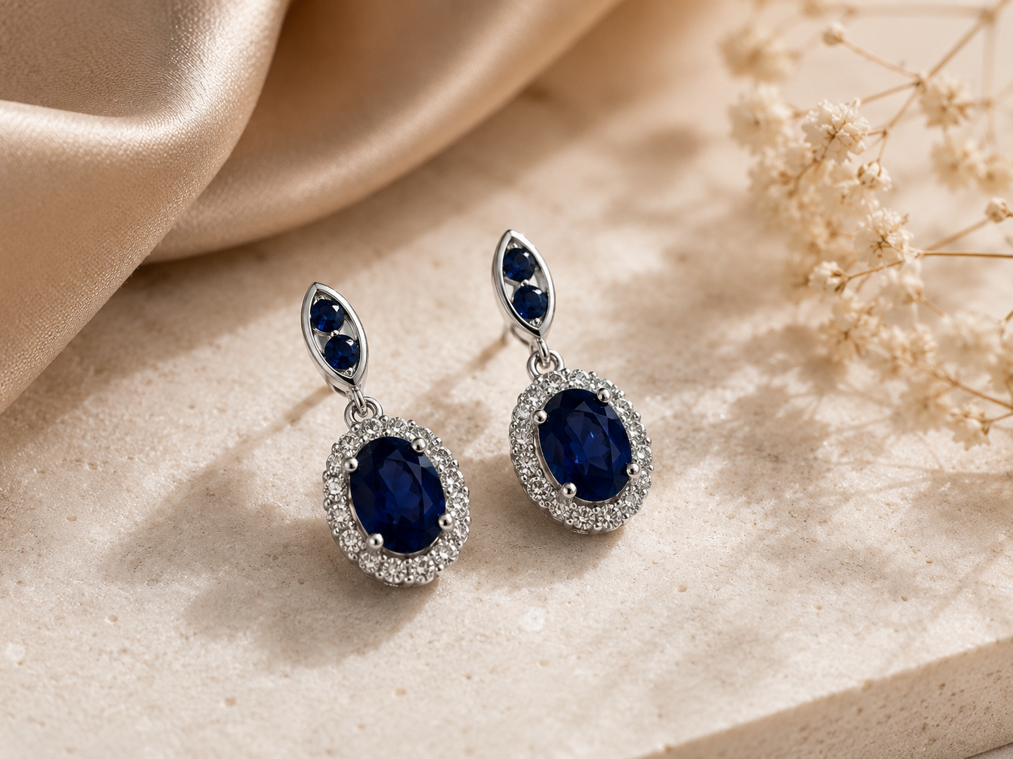 Oval Blue Sapphire and White Diamond Drops Blue Sapphire