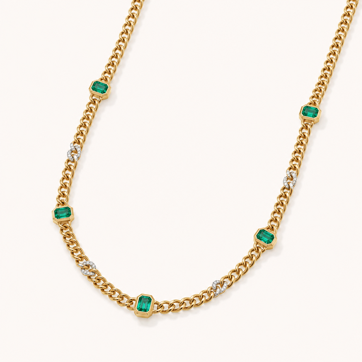 Emerald & Diamond Curb Station Necklace Emerald