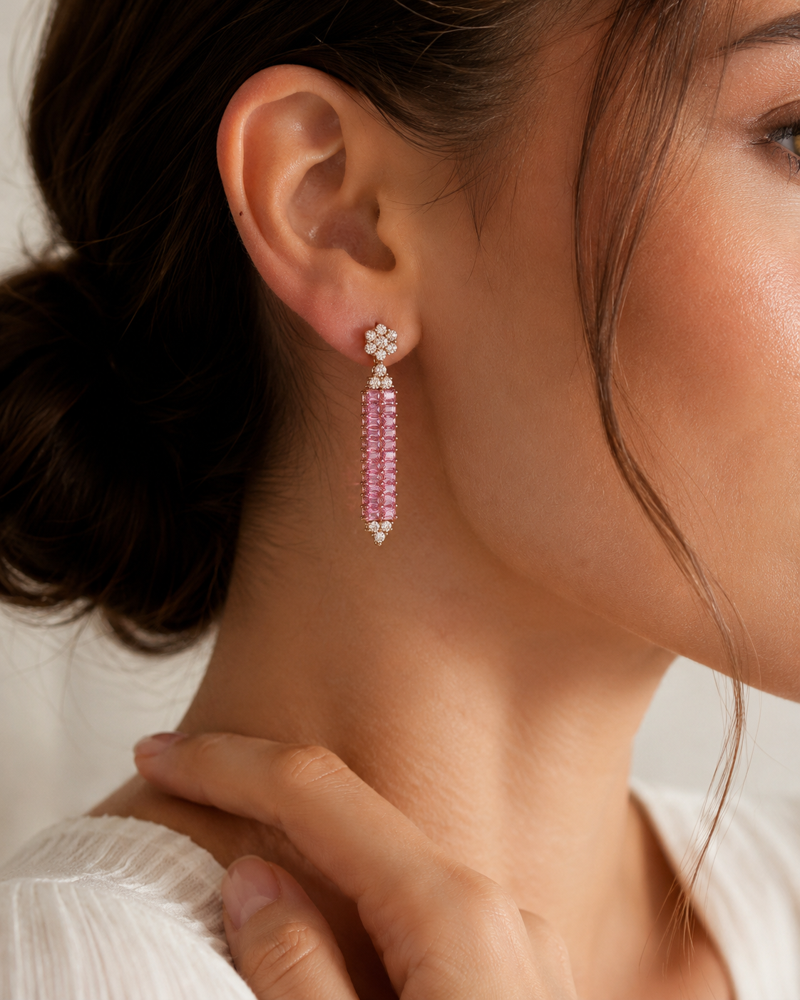 Baguette Pink Sapphire and Diamond Tennis Earrings Pink Sapphire