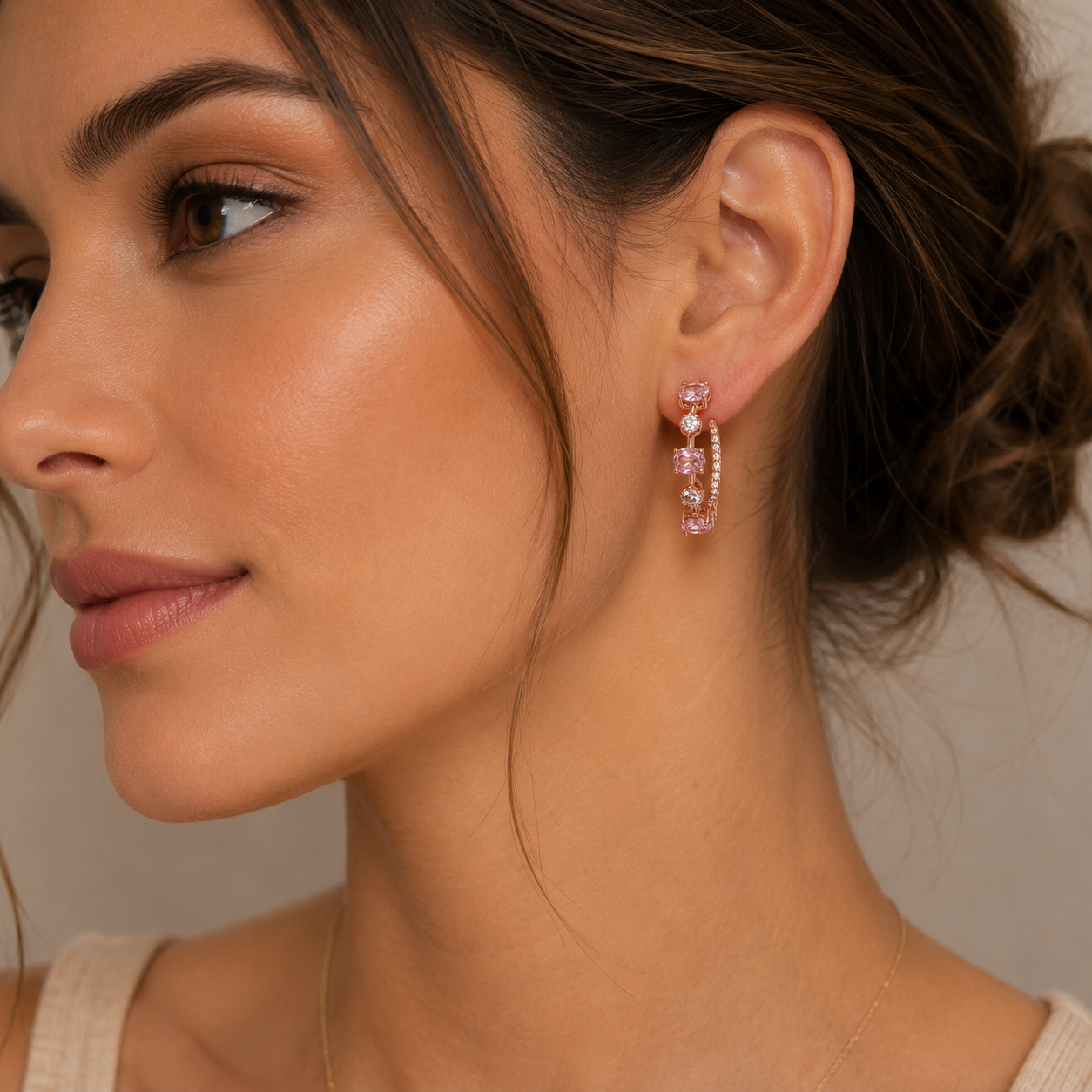 Oval Pink Sapphire & Diamond Hoops Pink Sapphire