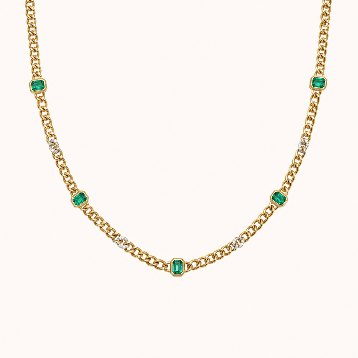 Emerald & Diamond Curb Station Necklace Emerald