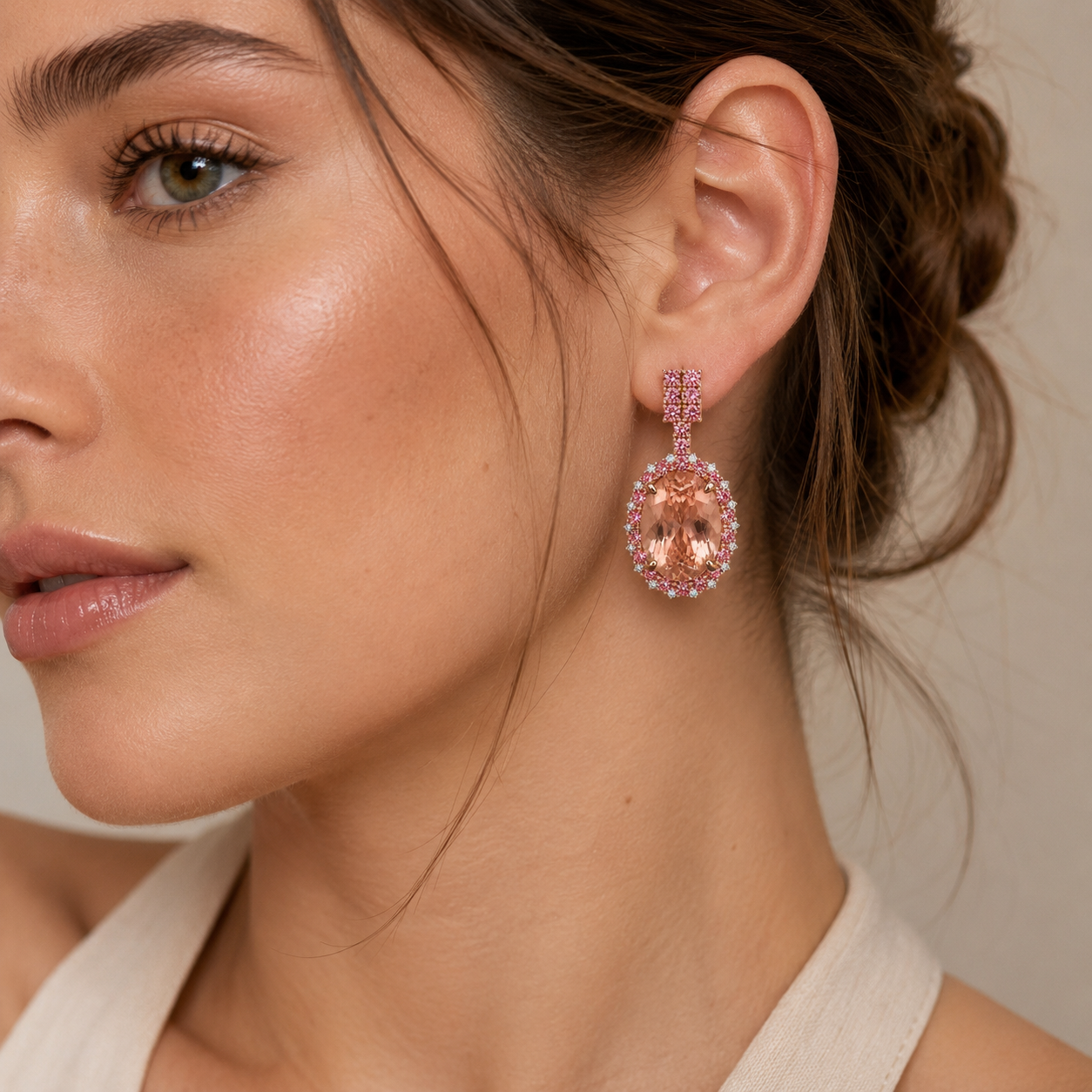 Pink Sapphire Halo Morganite Earrings Bespoke