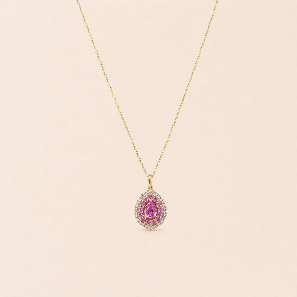 Radiating Pear Halo Pendant Pink Sapphire