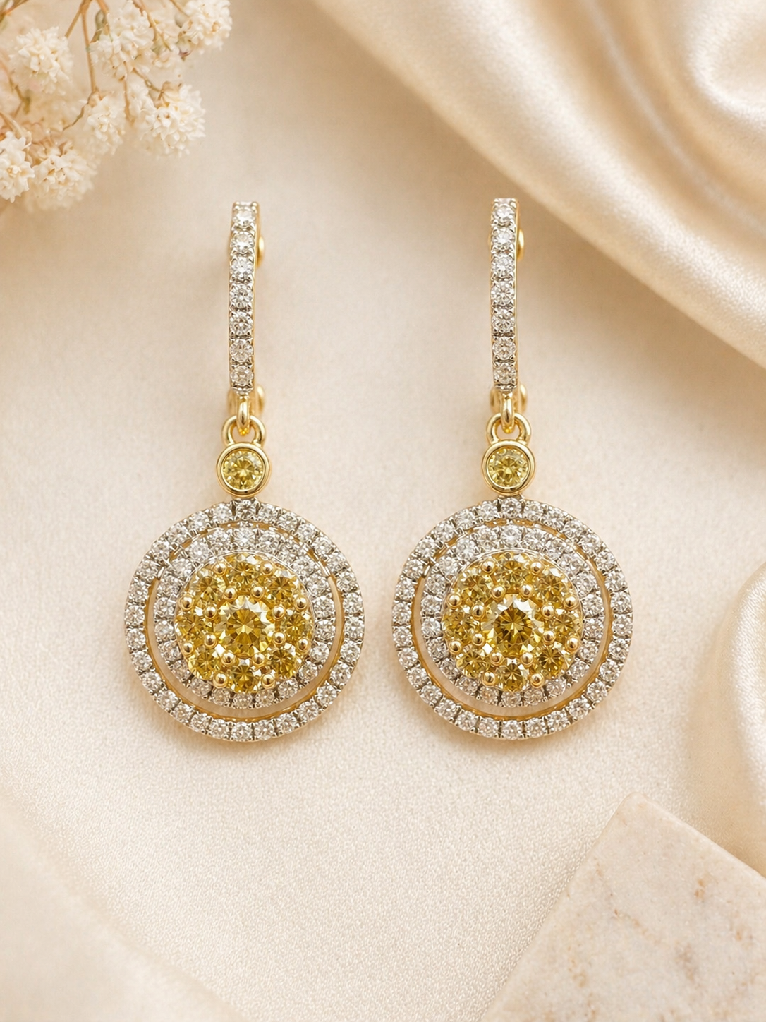 Yellow and White Diamond Dual Halo Drop Earrings Yellow Diamond