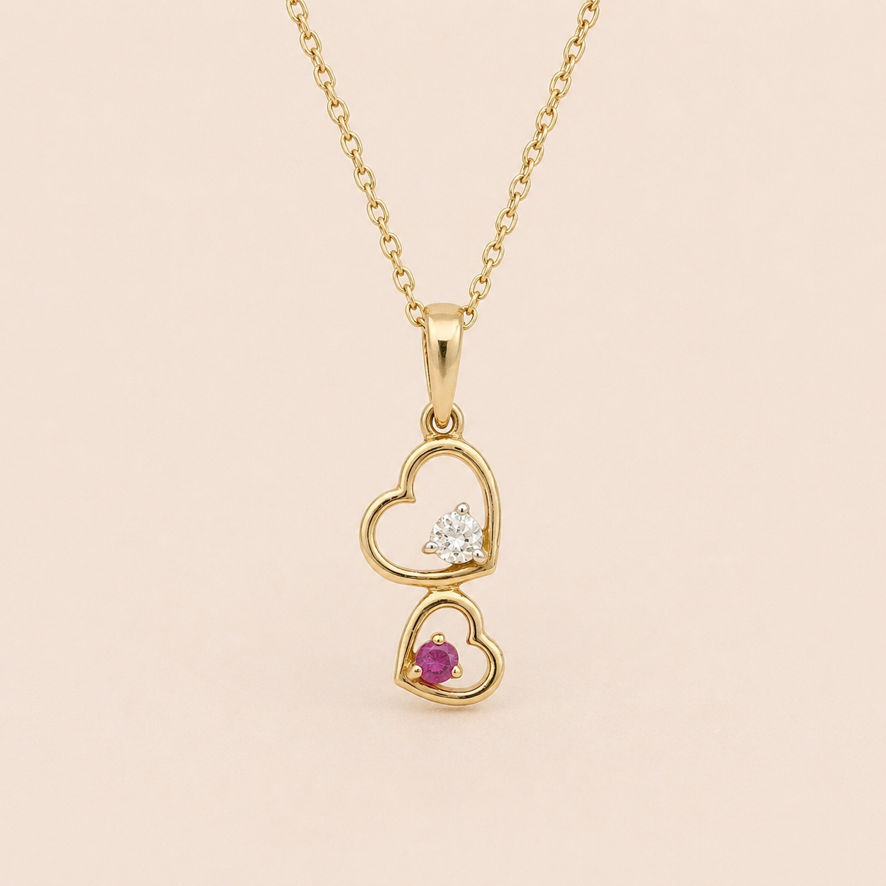 White Diamond & Ruby Stacking Heart Necklace hearts