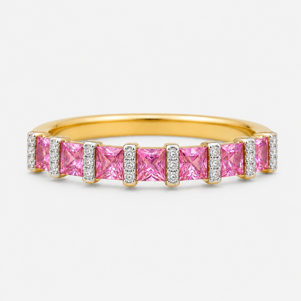 Princess Pink Sapphire & White Diamond Band Ruby