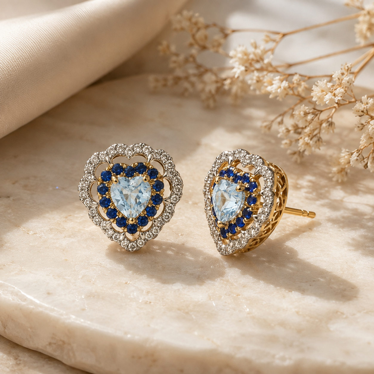 Sea Blue Sapphire & Diamond Heart Ring