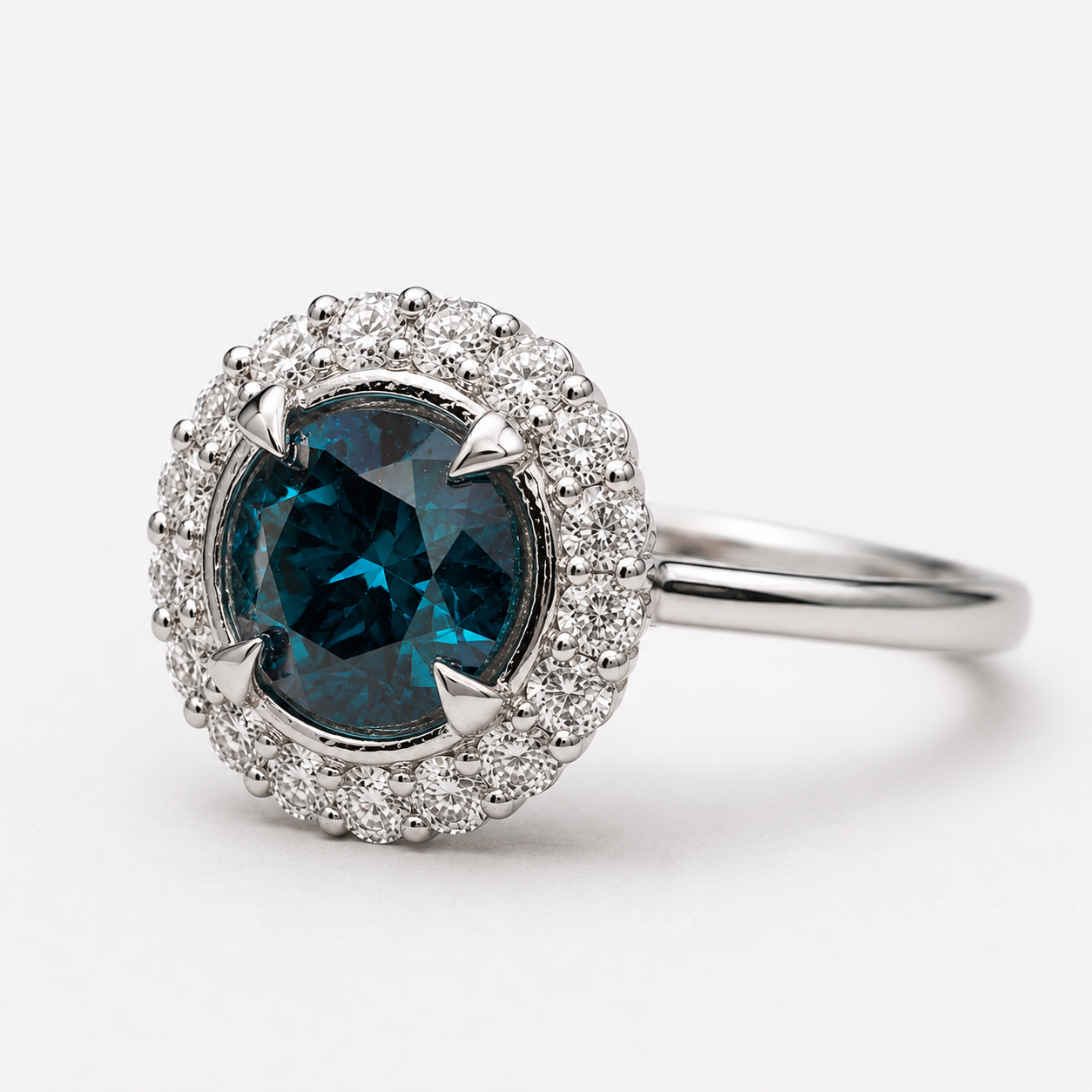 Curved Halo Blue Diamond Ring blue diamond