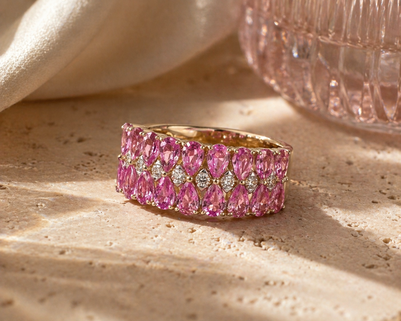Inverse Teardrop Pink Sapphire and Diamond Band Pink Sapphire