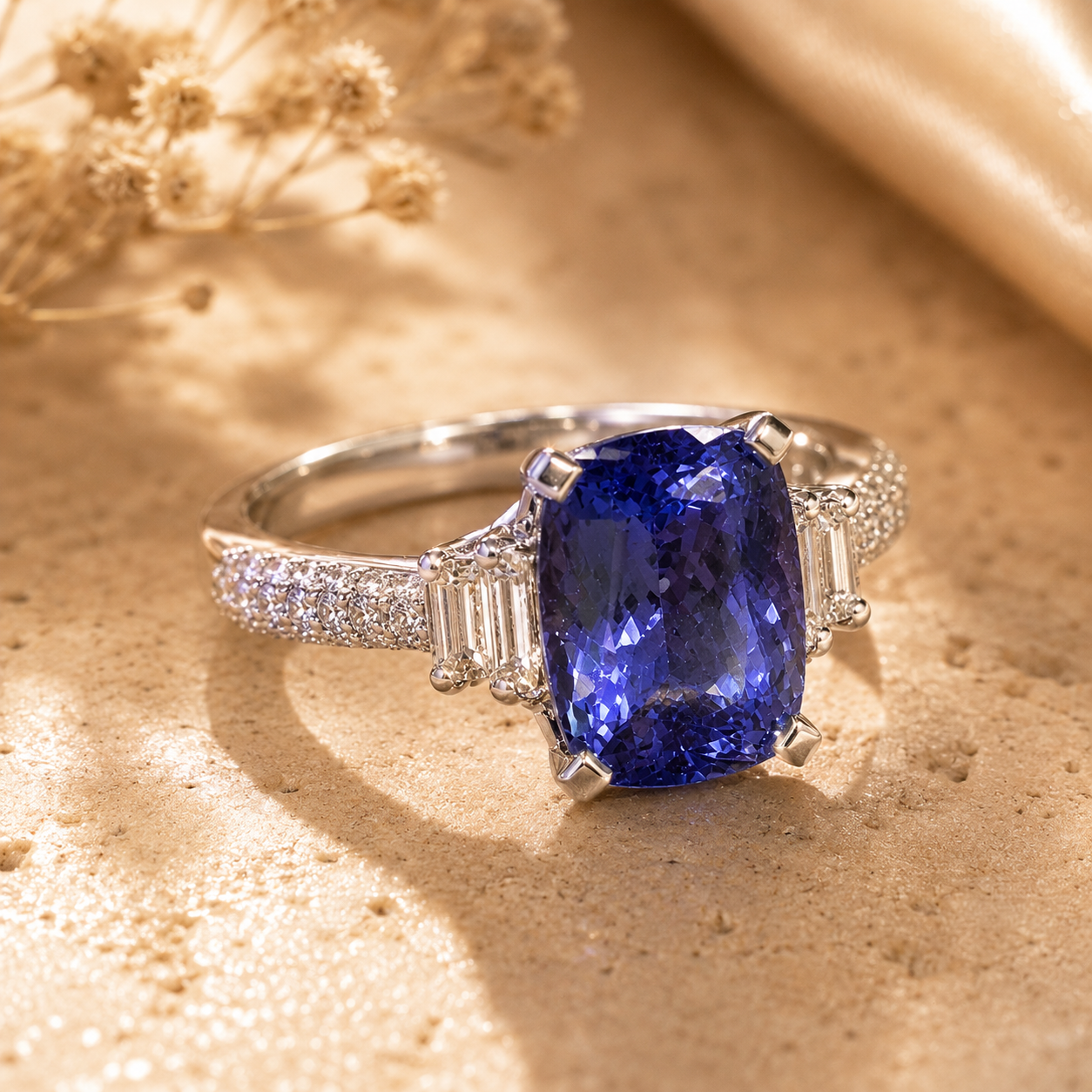 Double Diamond Radiant Tanzanite Ring Tanzanite