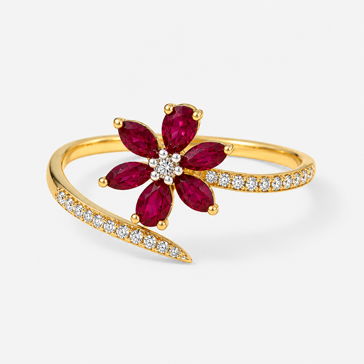 Ruby & Diamond Blooming Flower Ring Ruby