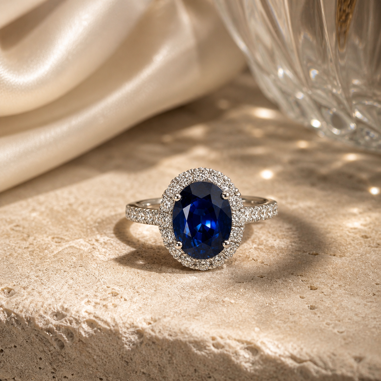 Round Blue Sapphire and White Diamond Ring Blue Sapphire