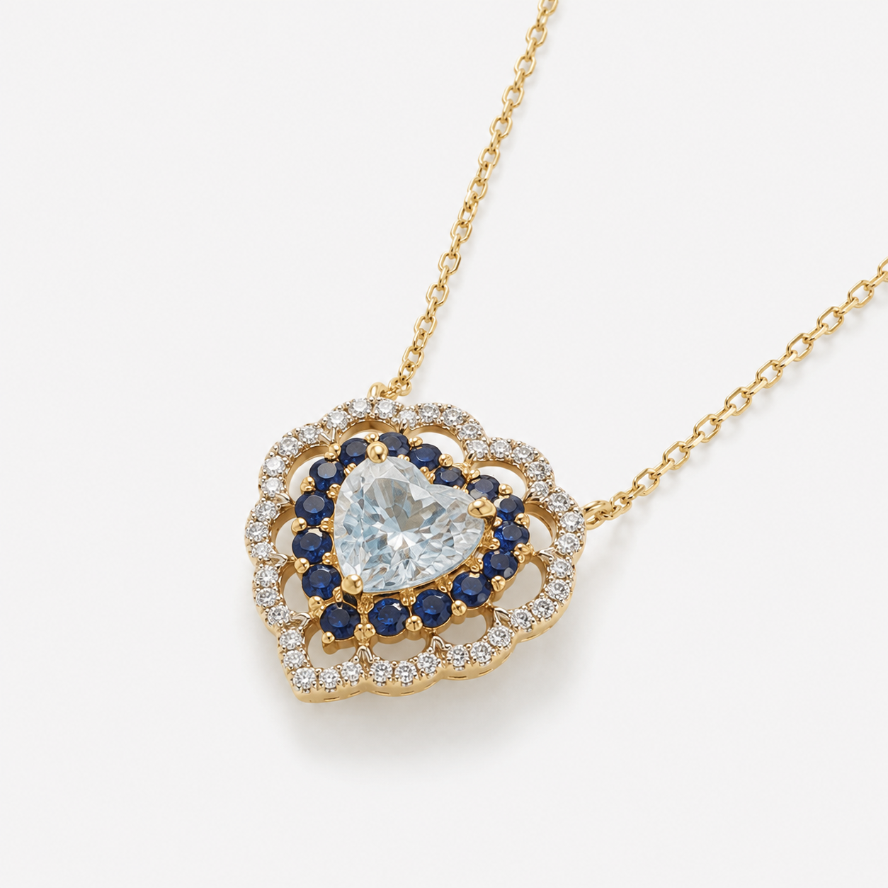 Sea Blue Sapphire & Diamond Heart Necklace