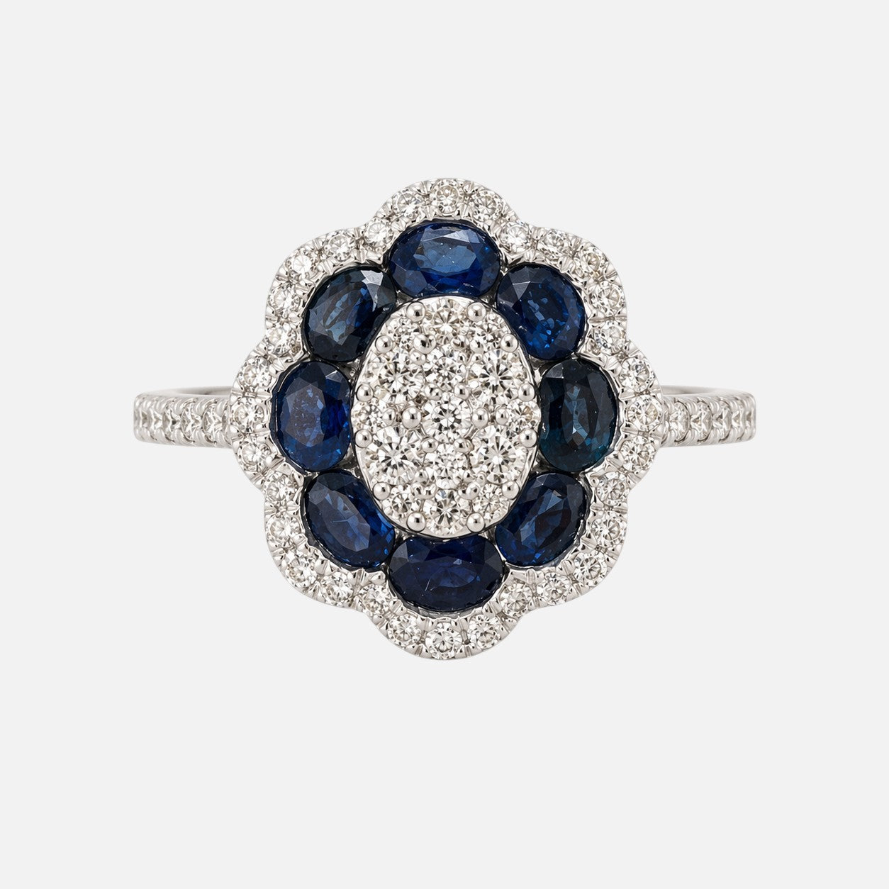 White Diamond and Blue Sapphire Large Flower Ring Blue Sapphire