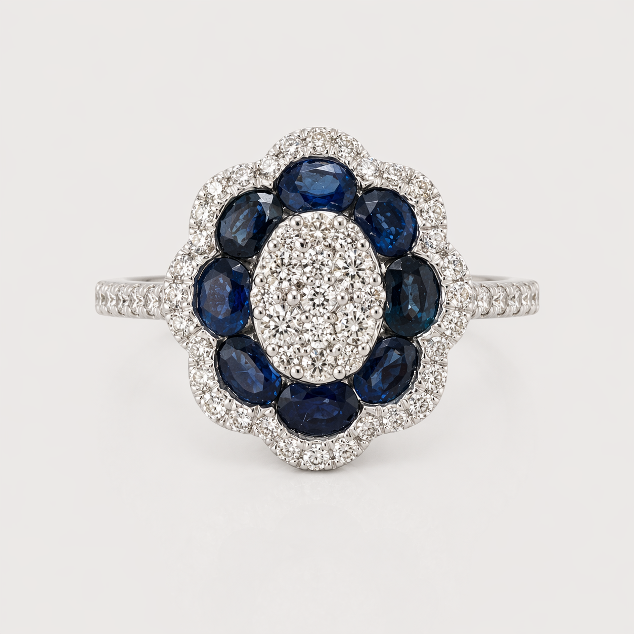 White Diamond and Blue Sapphire Large Flower Ring Blue Sapphire