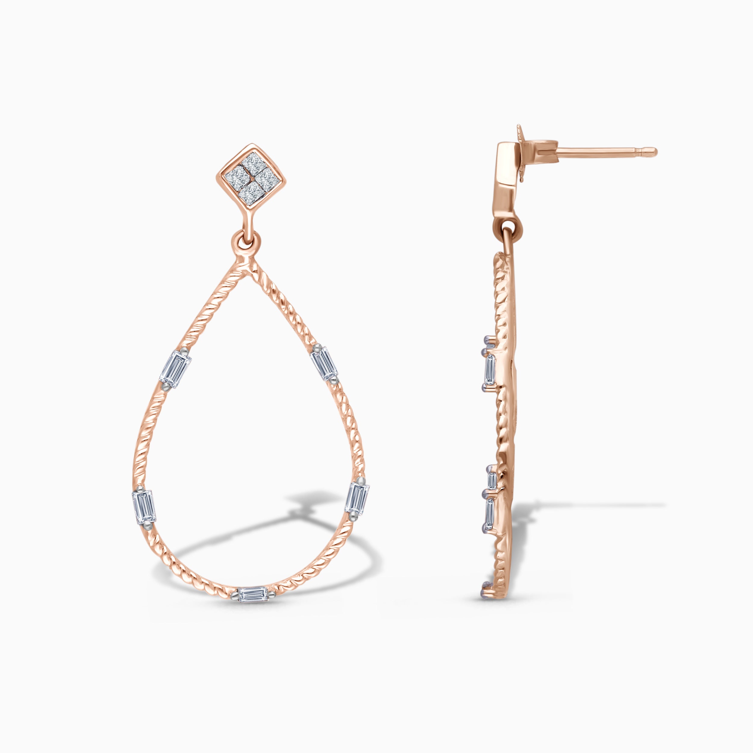 Baguette Diamond Rose Drop Earrings