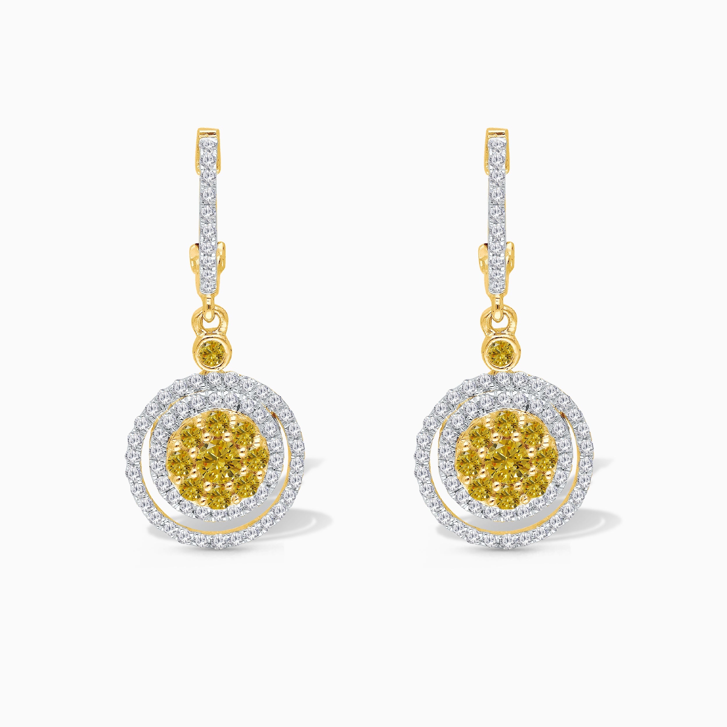 Yellow and White Diamond Dual Halo Drop Earrings