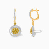 Yellow and White Diamond Dual Halo Drop Earrings