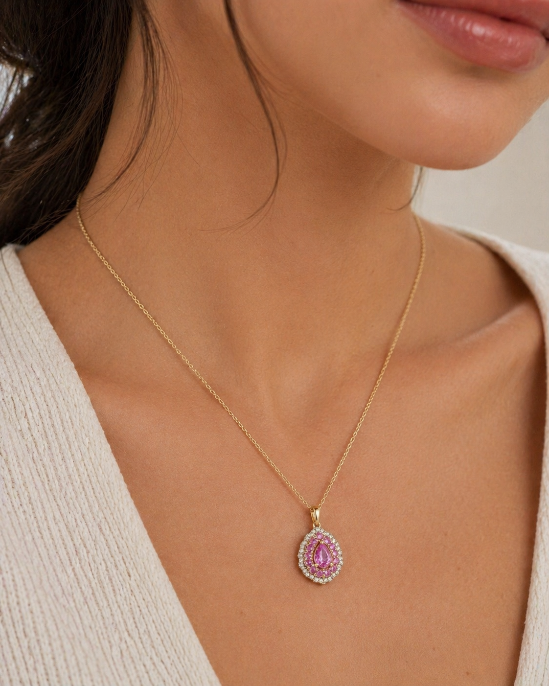 Radiating Pear Halo Pendant Pink Sapphire