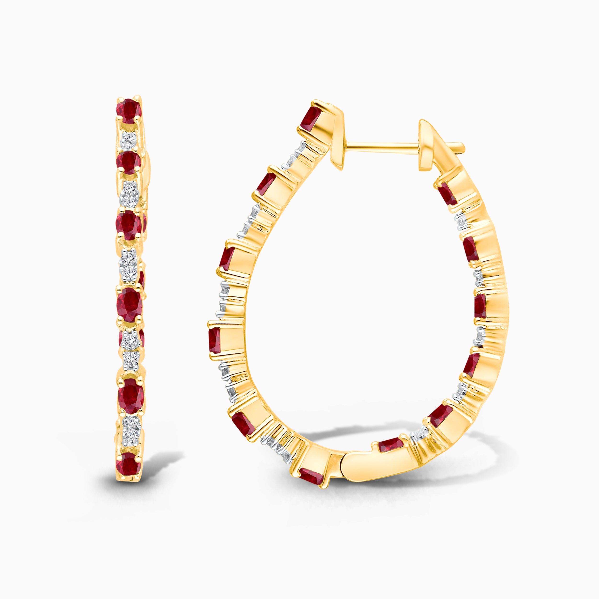 Oval Ruby & White Diamond Hoops