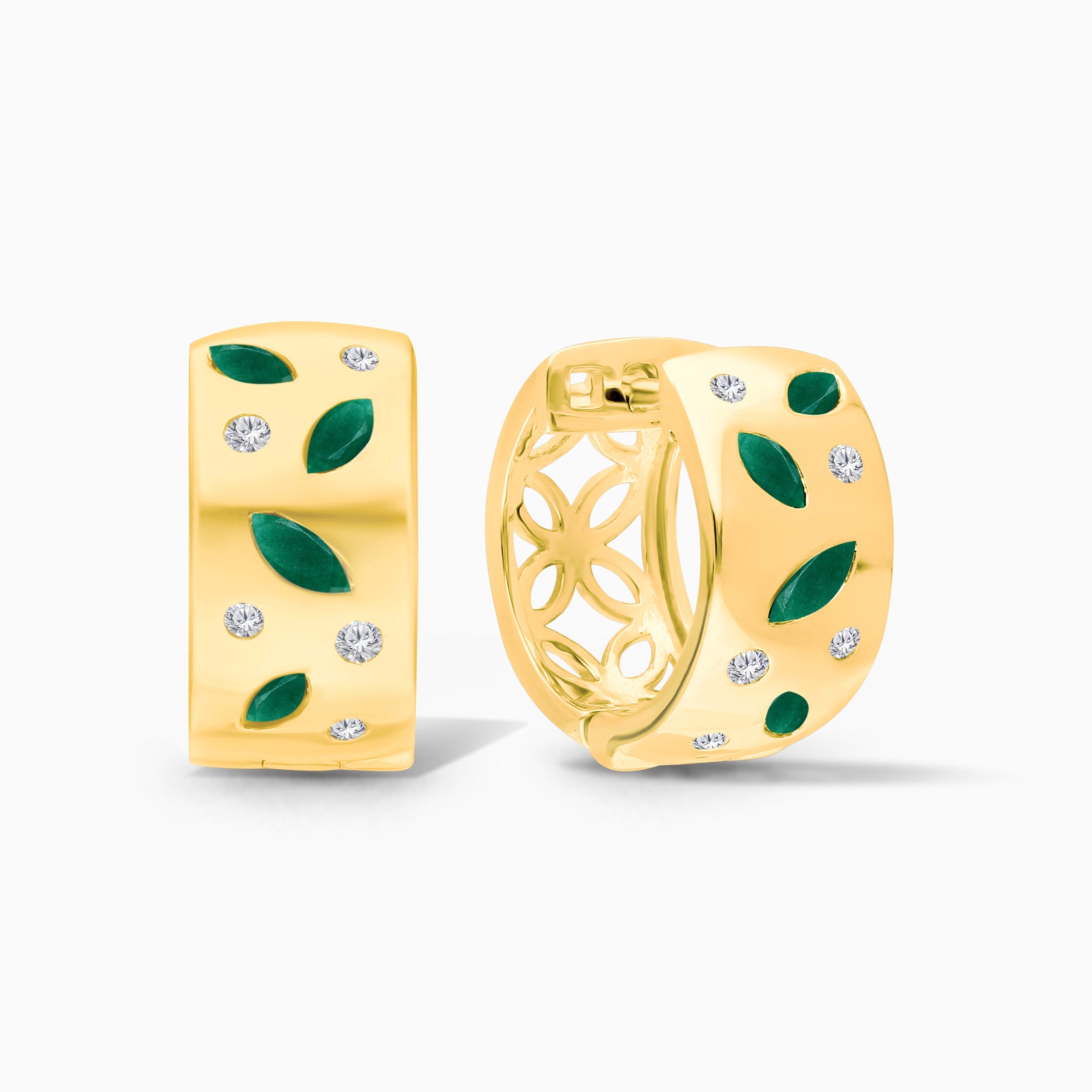 Marquise & Round Emerald and Diamond Huggies