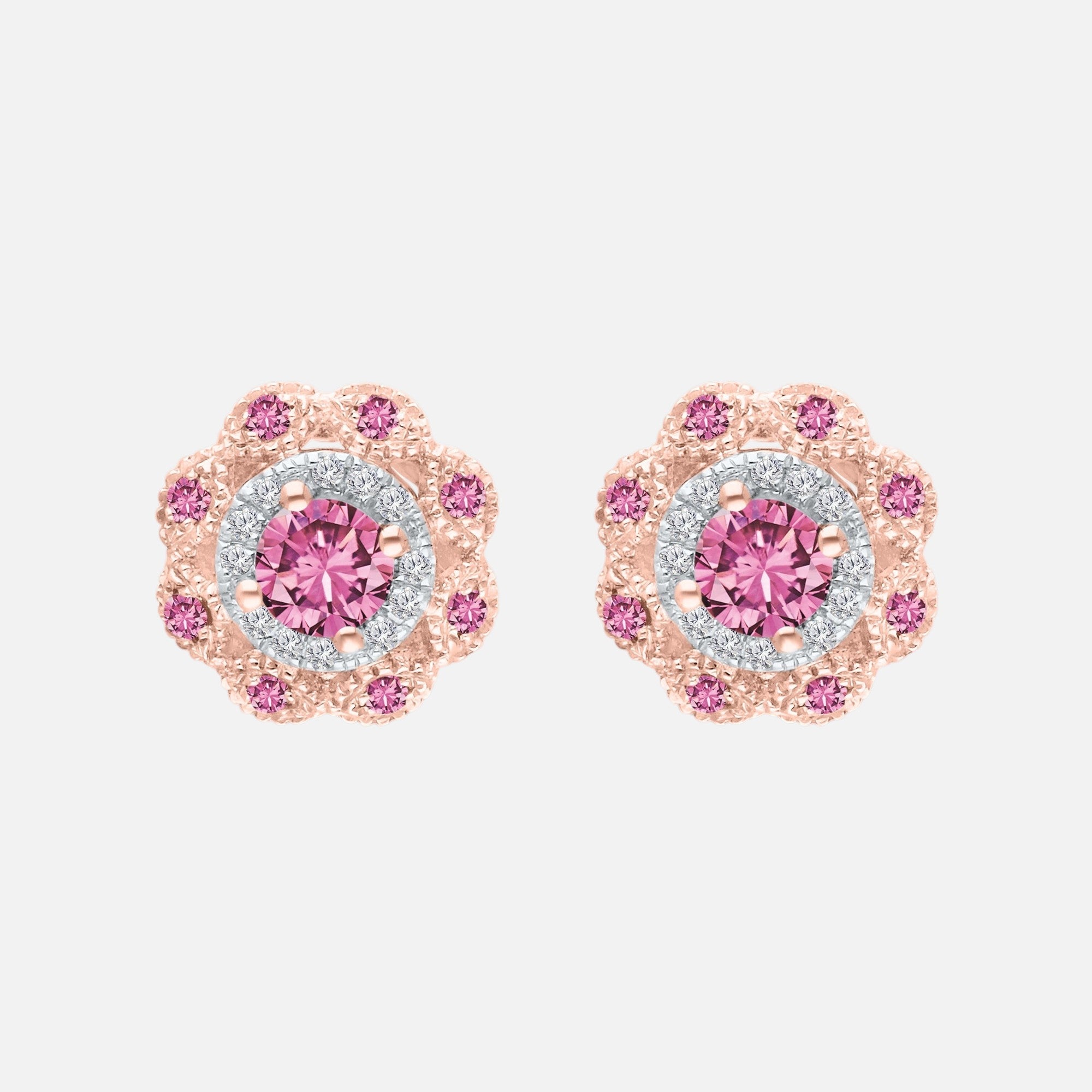 Rose Gold Pink Sapphire Halo Studs Pink Sapphire