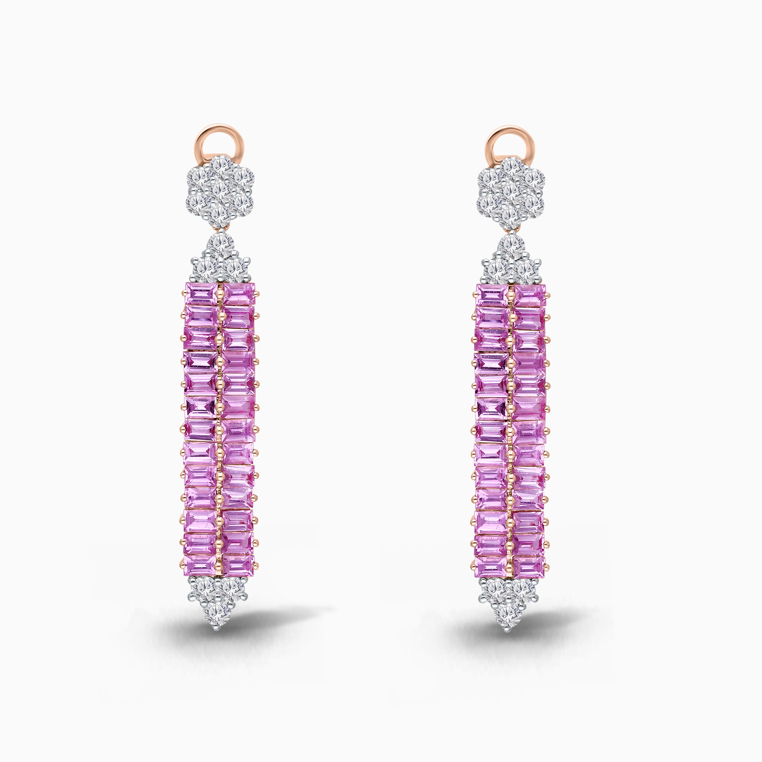 Baguette Pink Sapphire and Diamond Tennis Earrings