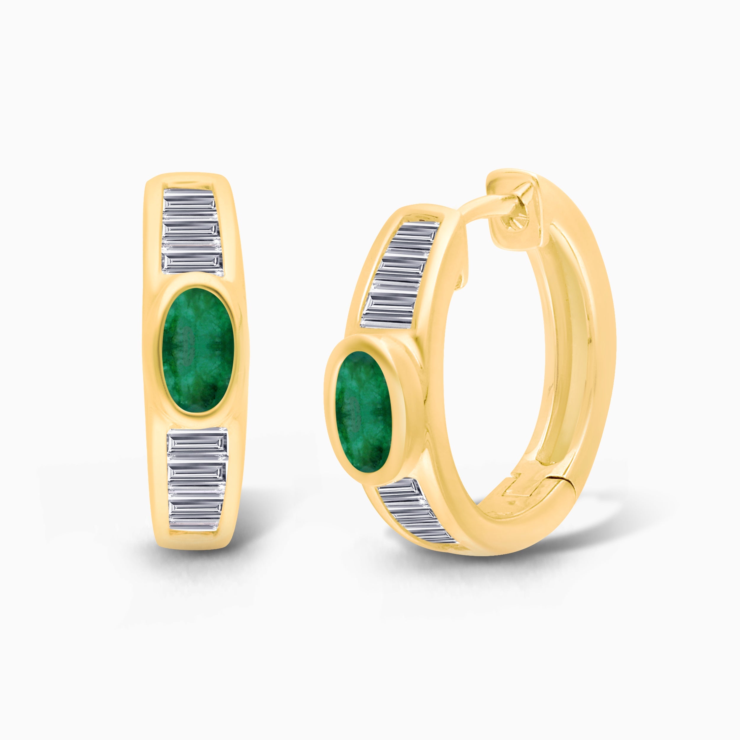 Oval Emerald and Baguette Diamond Huggies Emerald