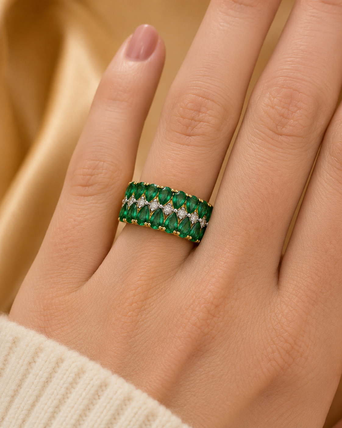 Inverse Teardrop Emerald and Diamond Band Emerald