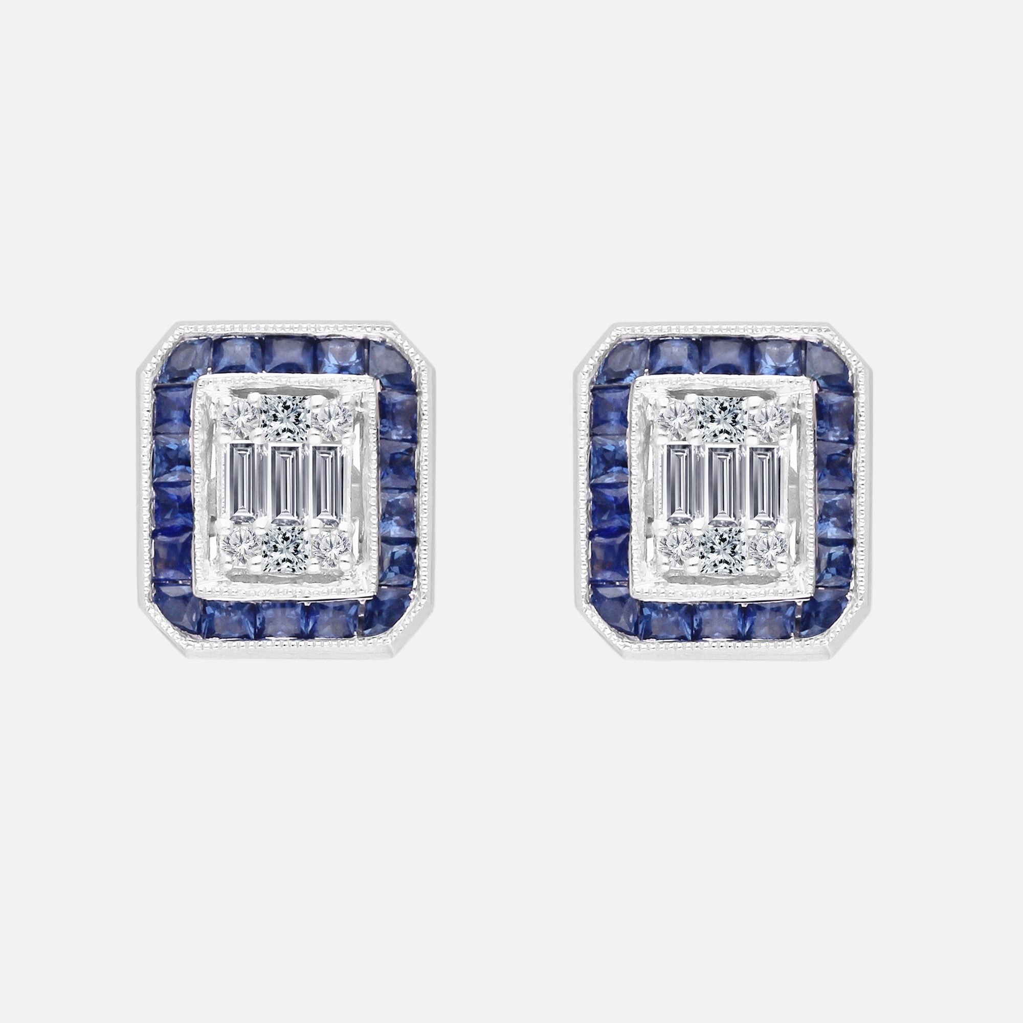 Blue Sapphire Halo Diamond Studs Blue Sapphire