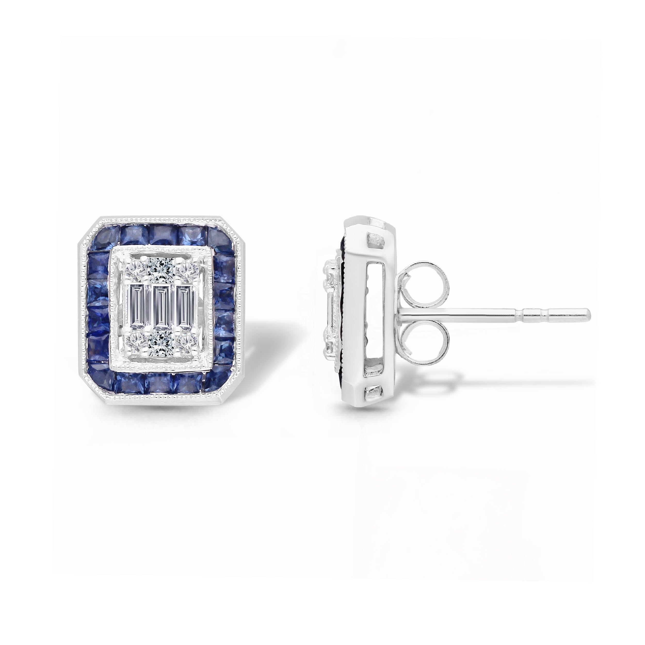 Blue Sapphire Halo Diamond Studs