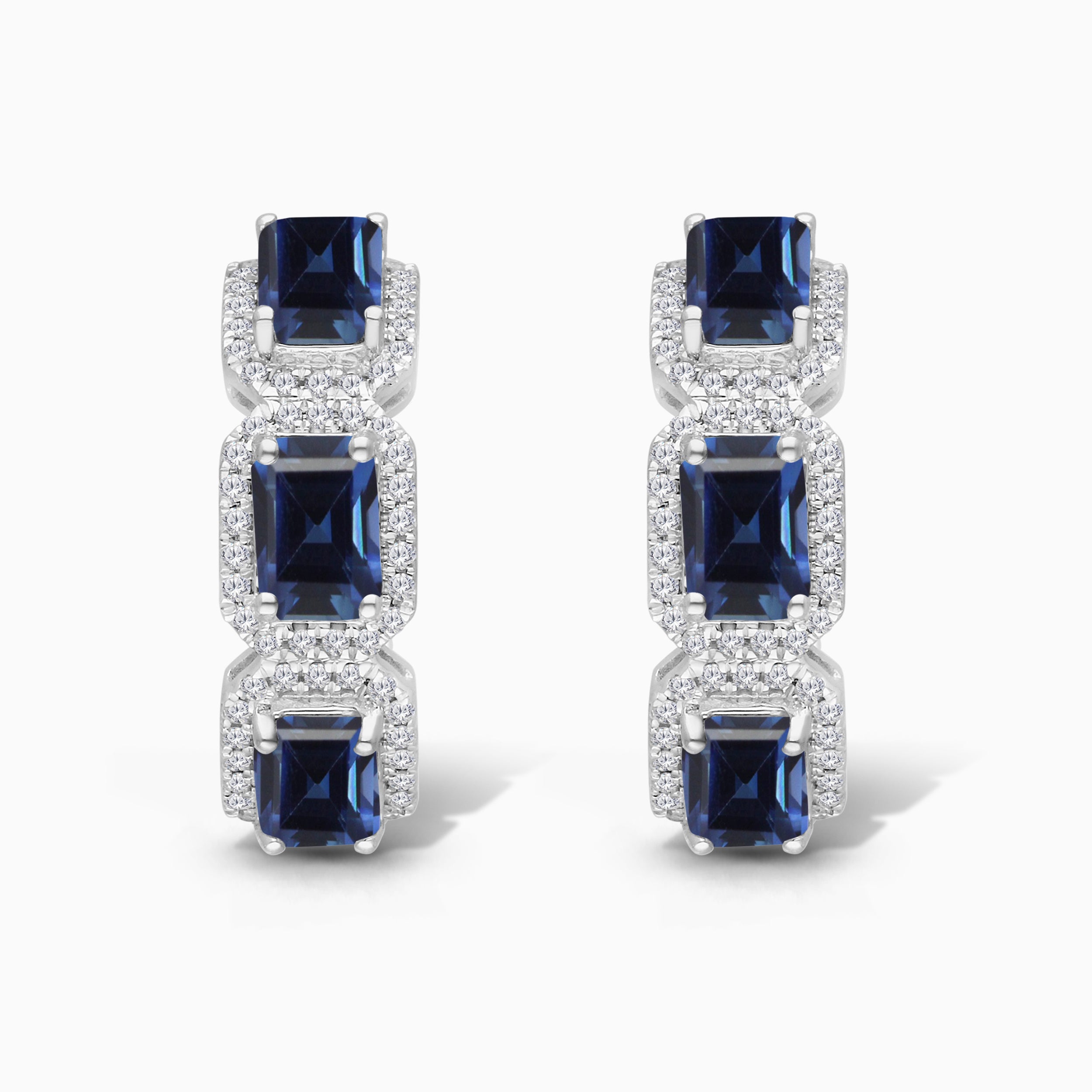 Emerald Cut Blue Sapphire and White Diamond Huggies
