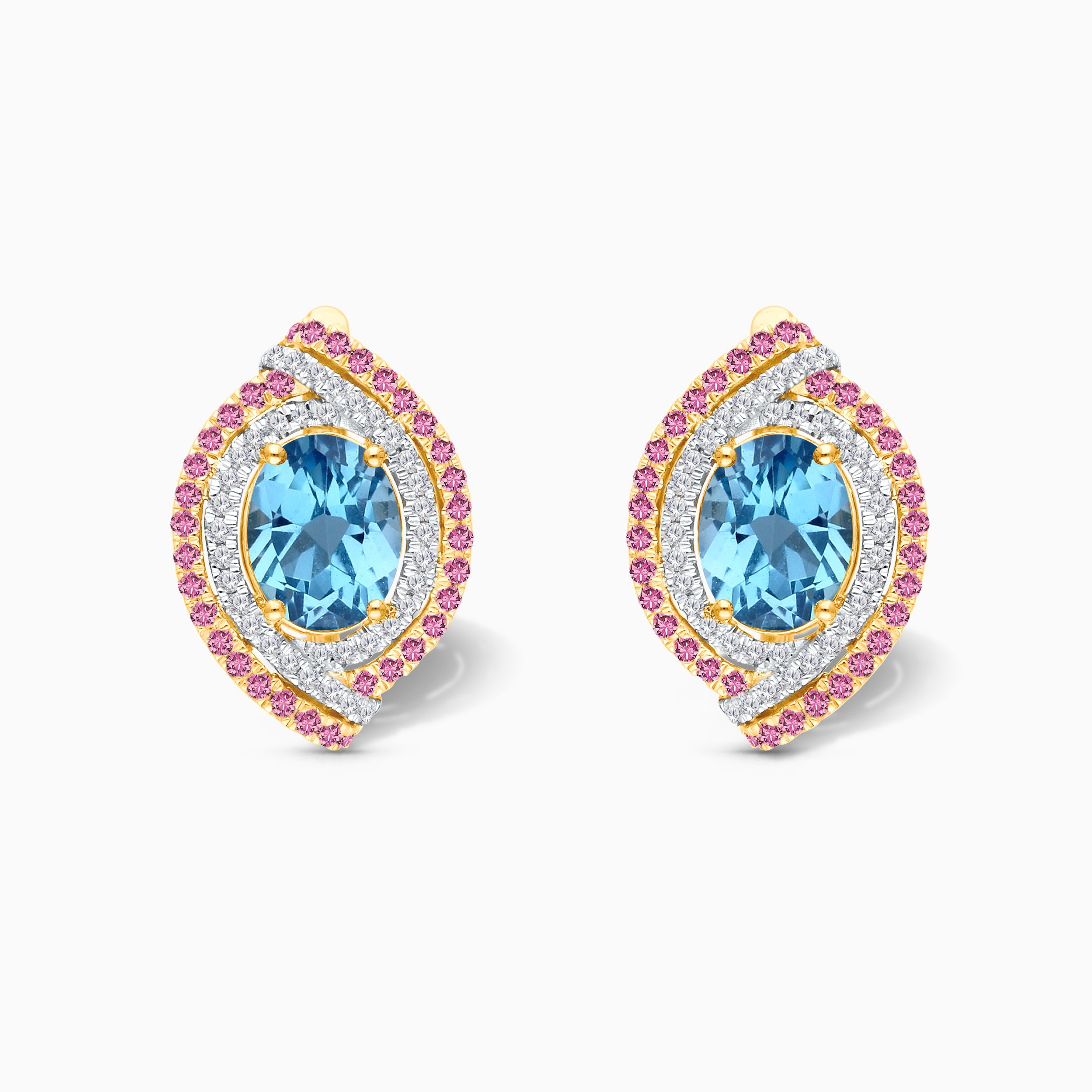 Pink Sapphire and Diamond Oval Topaz Huggies BLUE TOPAZ