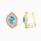 Pink Sapphire and Diamond Oval Topaz Huggies BLUE TOPAZ