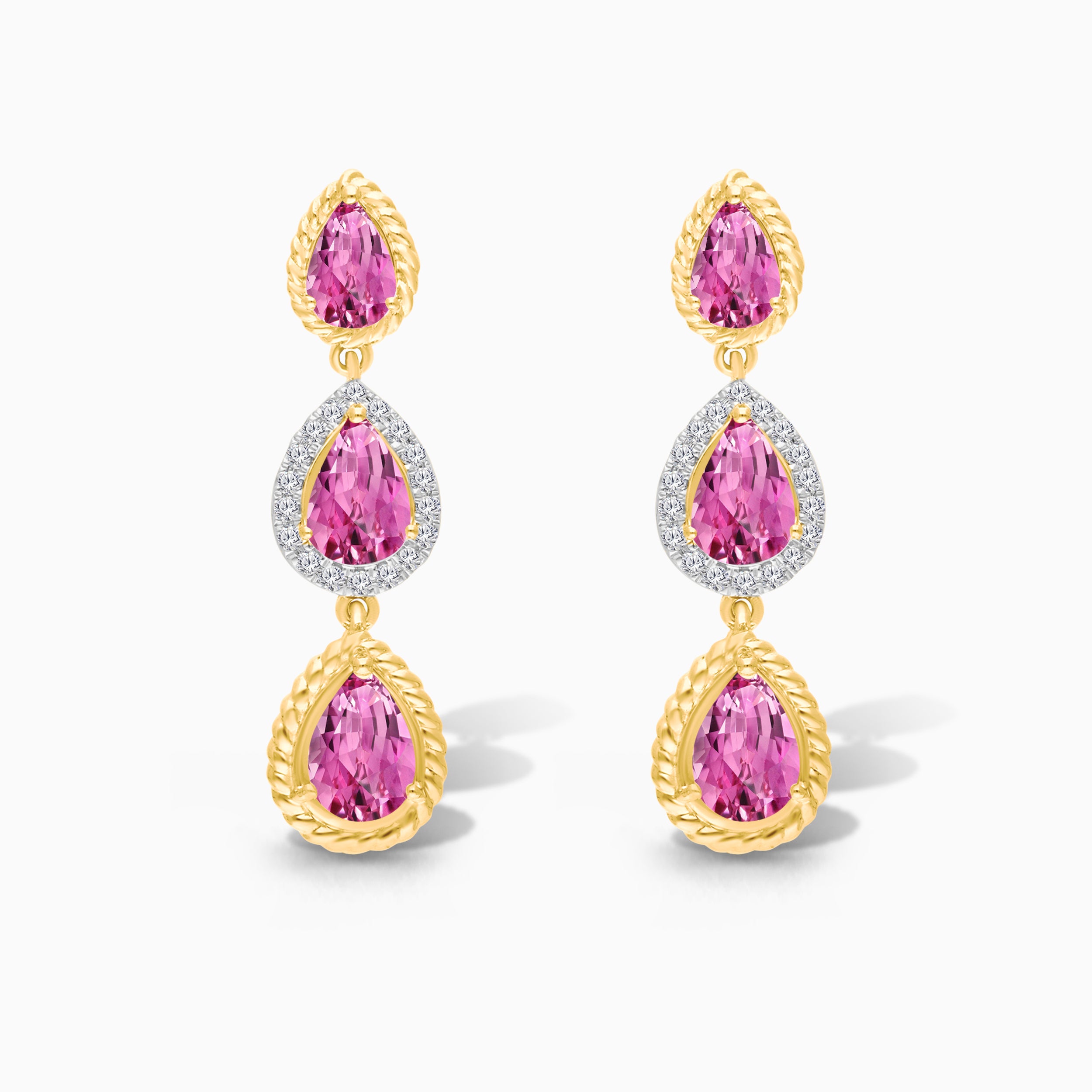 Tear Drop Pink Sapphire & Diamond Dangle Earrings