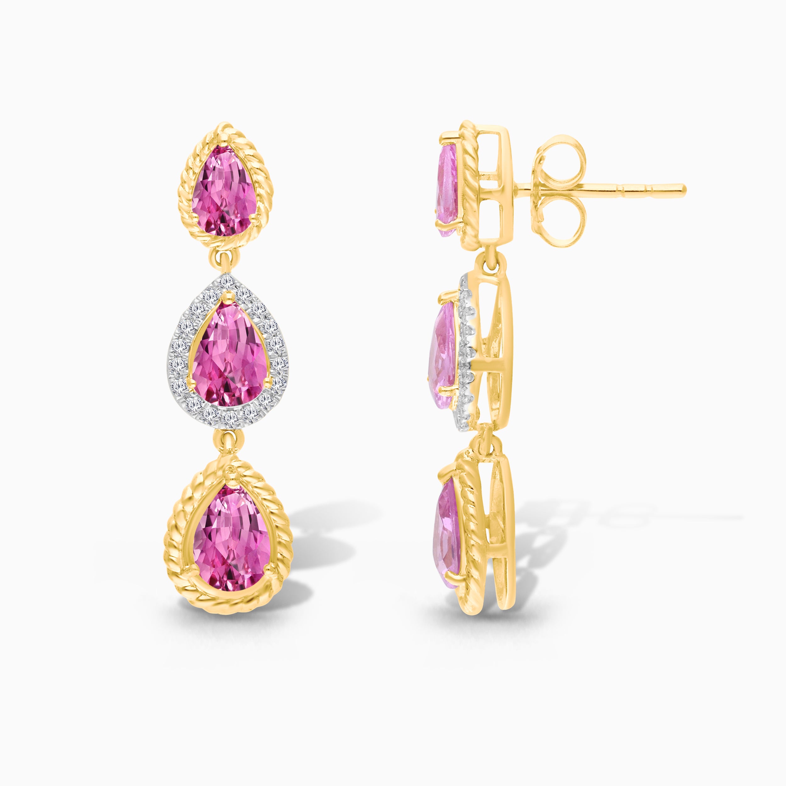 Tear Drop Pink Sapphire & Diamond Dangle Earrings