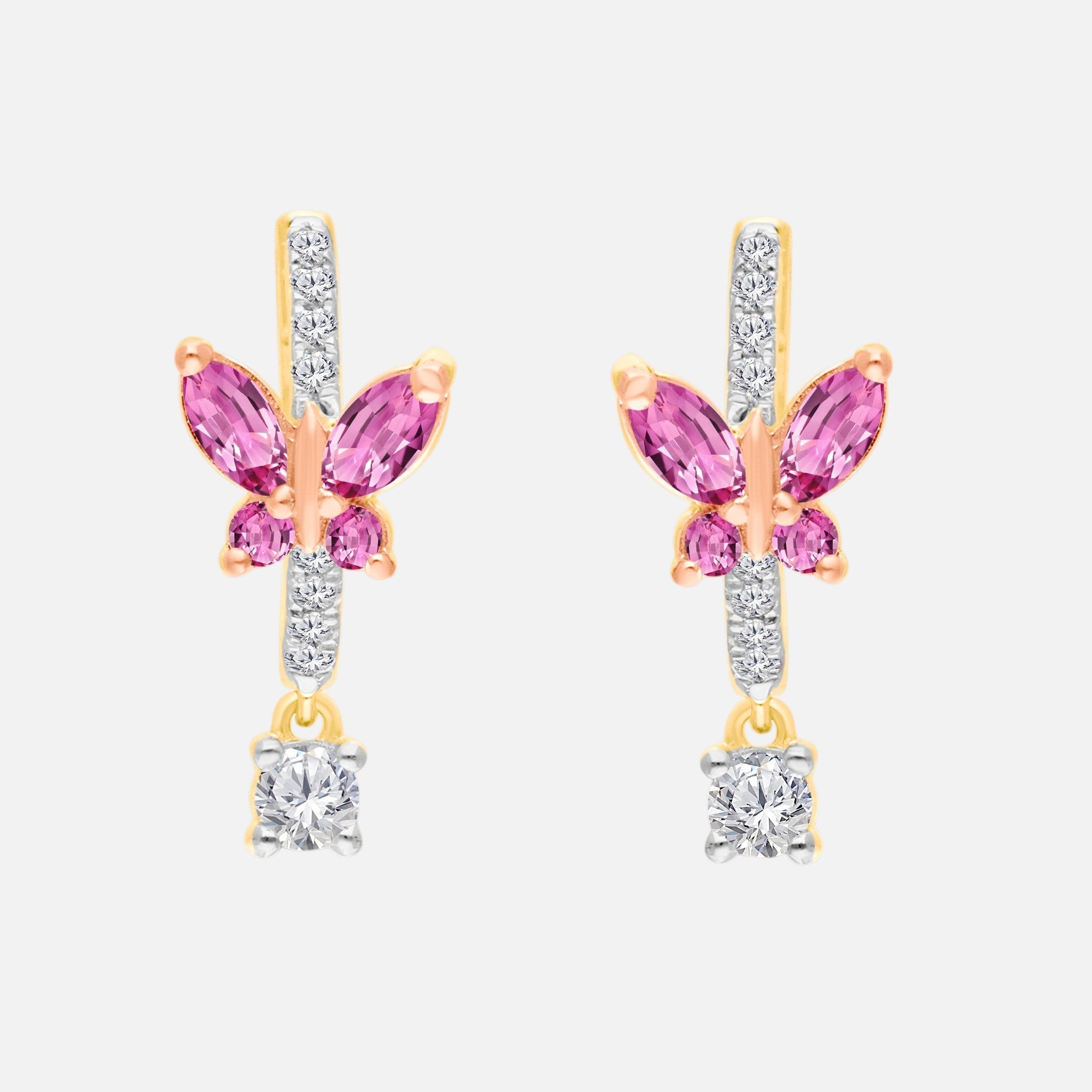 Butterfly Pink Sapphire & Diamond Drop Huggies Pink Sapphire