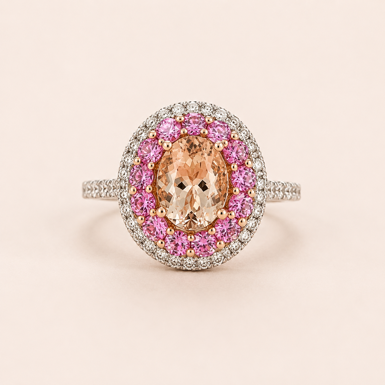 Multi Halo Pink Sapphire & Diamond Morganite Ring Morganite
