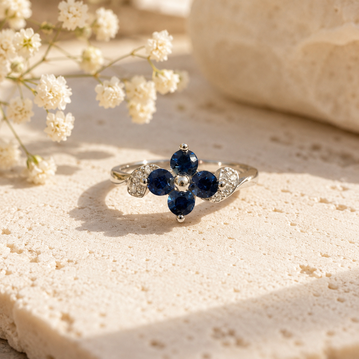 Baby Daisy Blue Sapphire and White Diamond Ring Blue Sapphire
