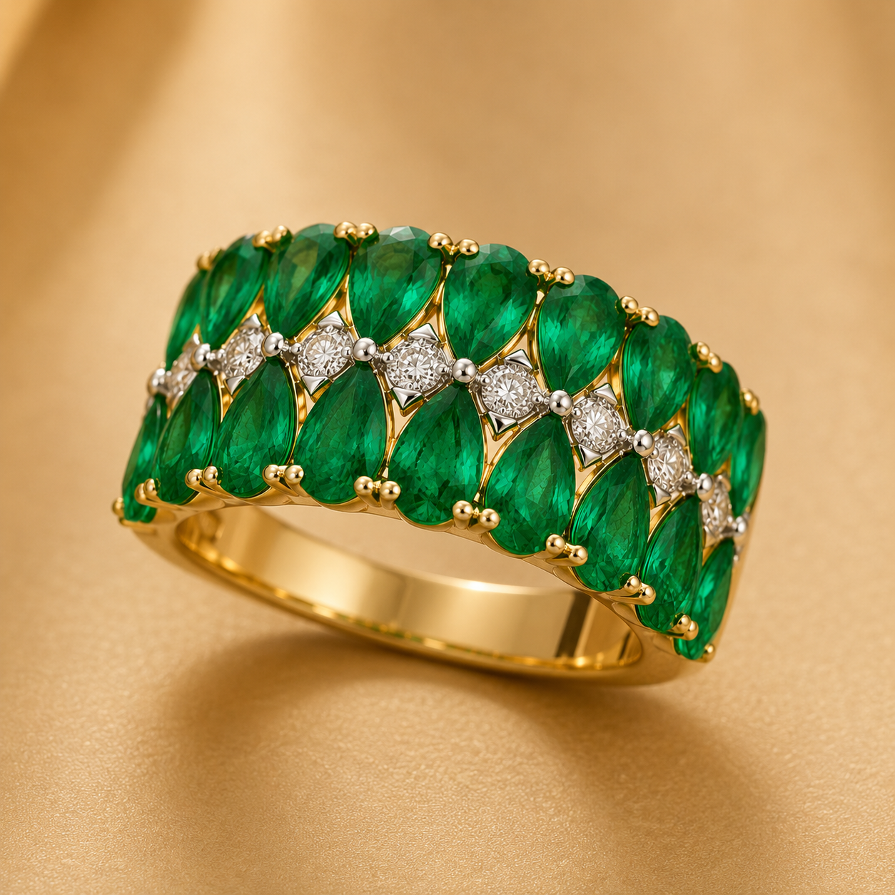 Inverse Teardrop Emerald and Diamond Band Emerald