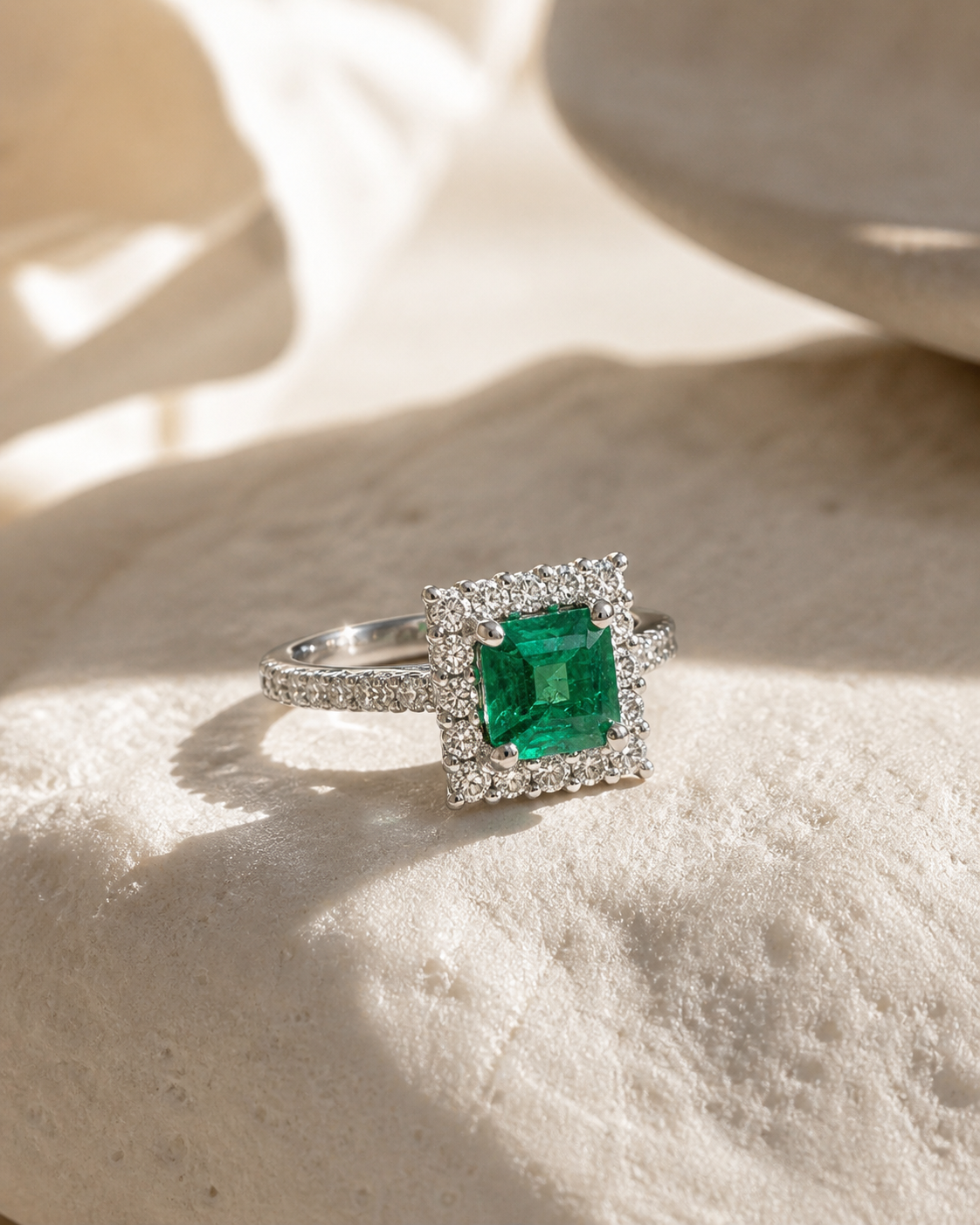 Princess Cut Colombian Emerald & Diamond Ring Emerald