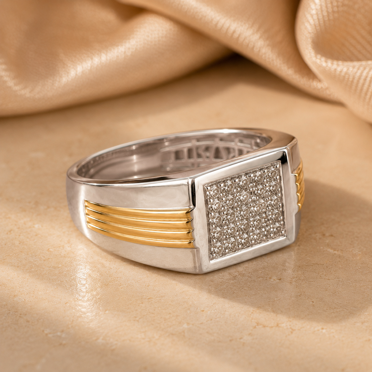 Two Tone Diamond Ribbed Men's Signet Ring White Diamond