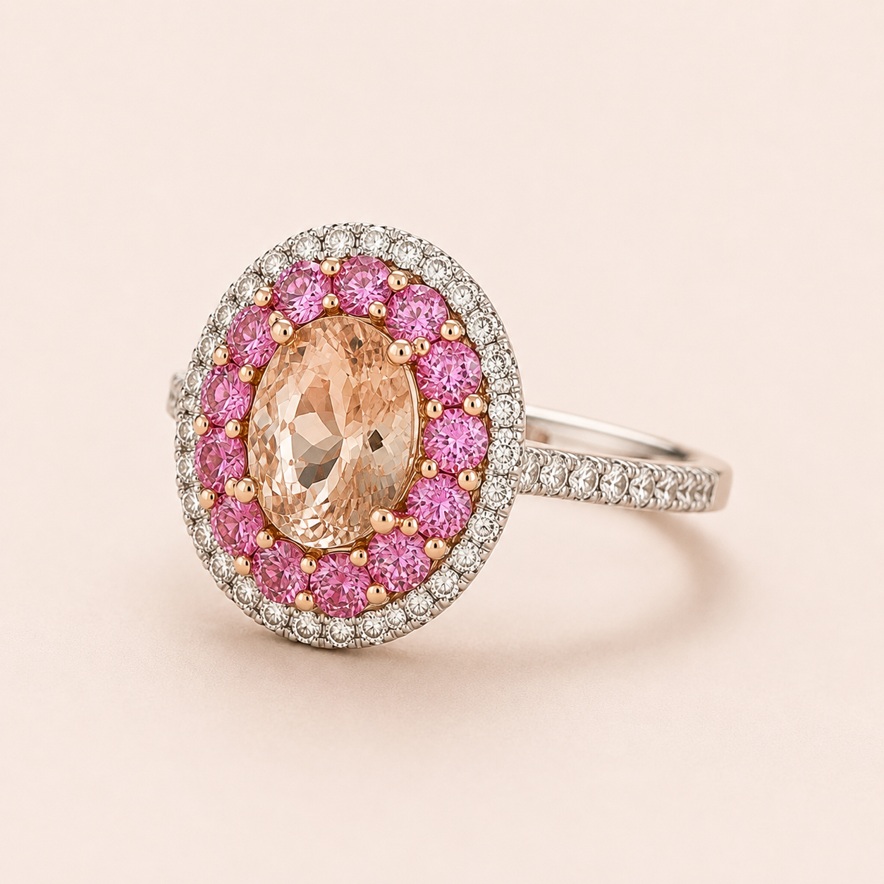 Multi Halo Pink Sapphire & Diamond Morganite Ring Morganite