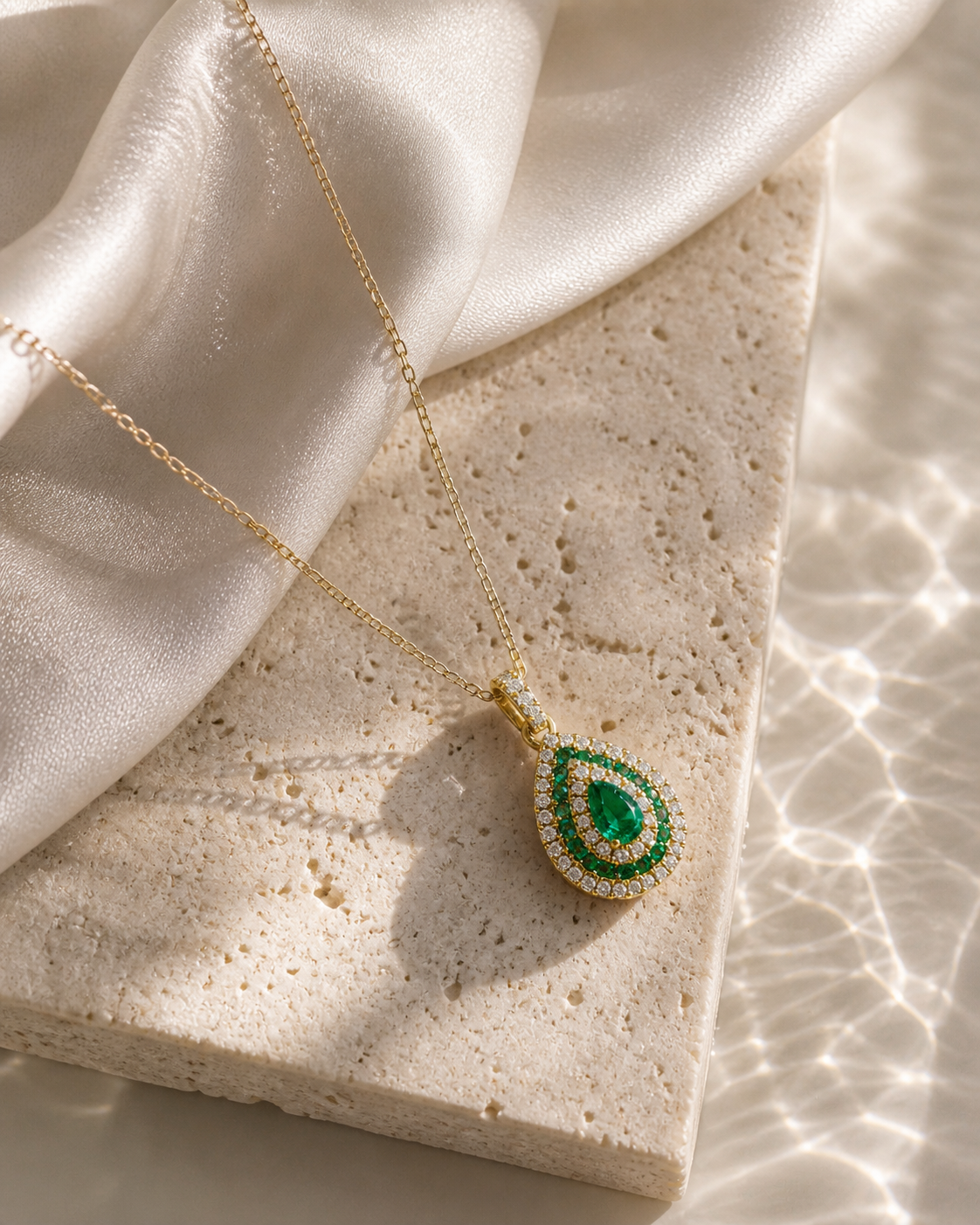 Emerald and White Diamond Teardop Necklace Emerald