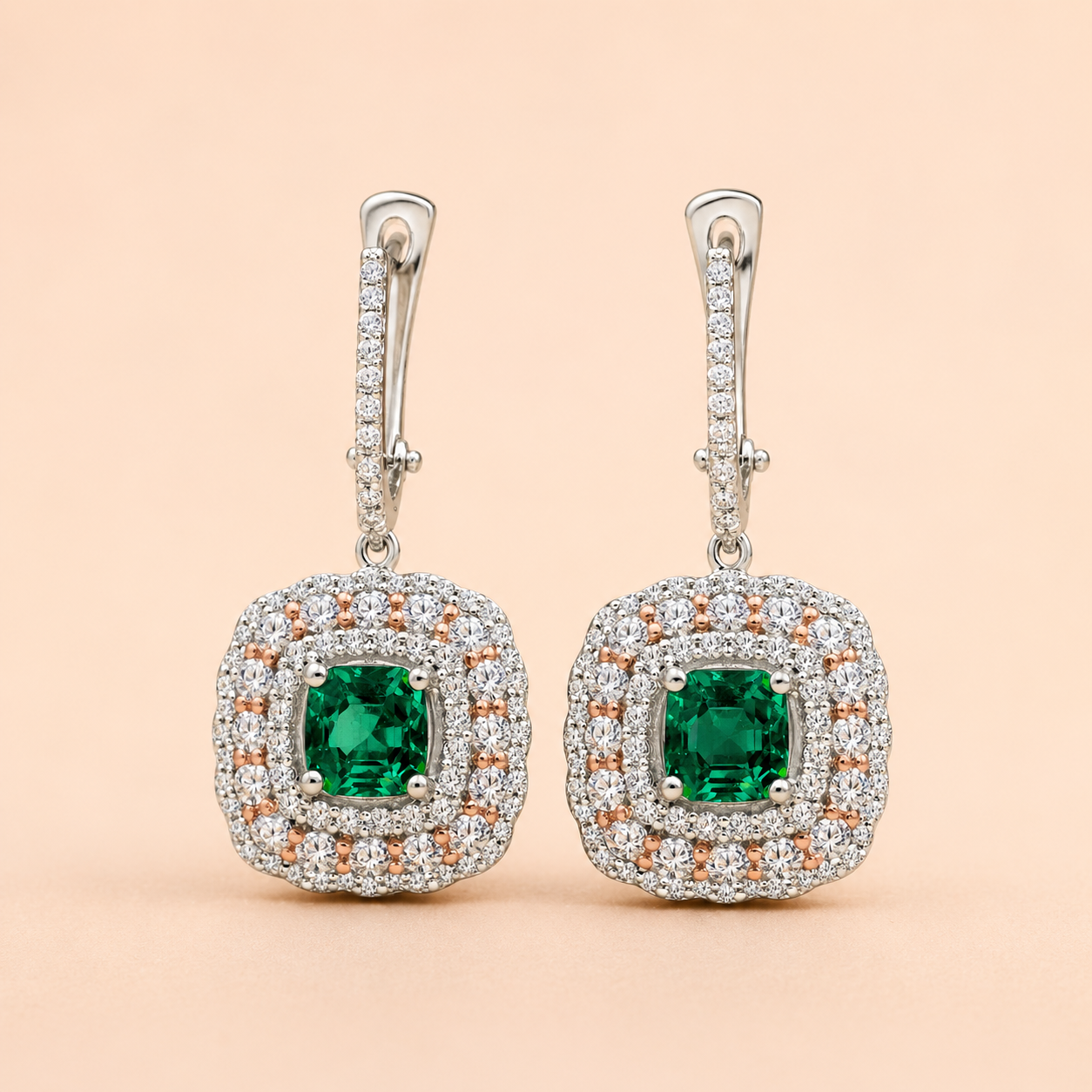 Two Tone Colombian Emerald Drop Earrings Emerald
