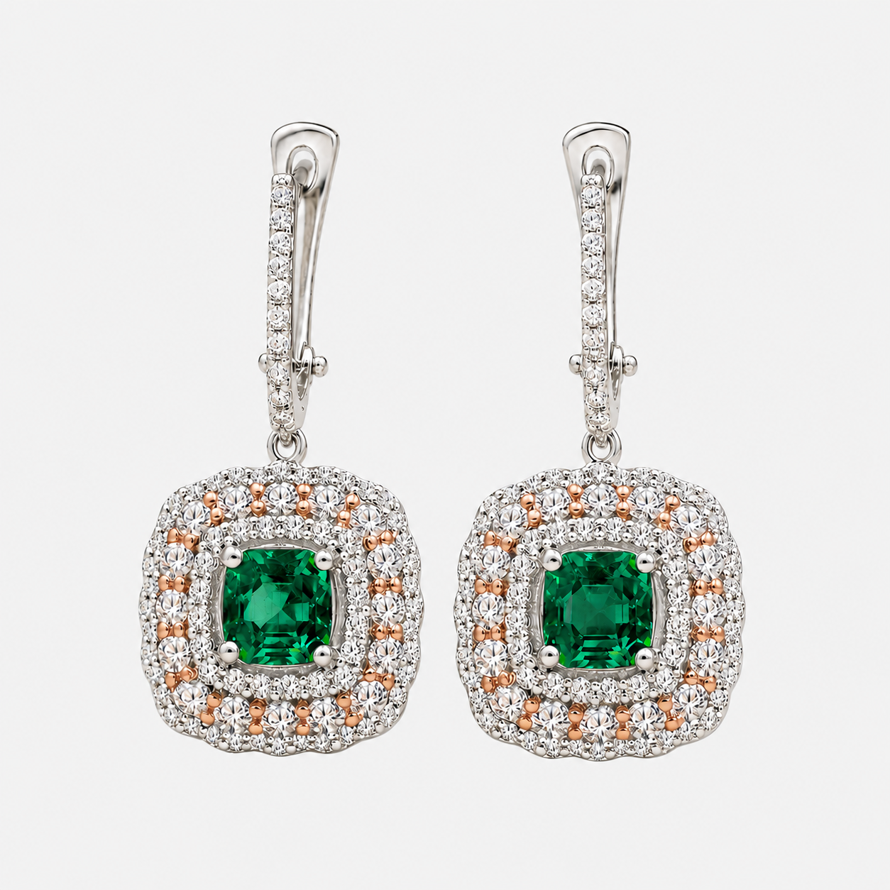 Two Tone Colombian Emerald Drop Earrings Emerald